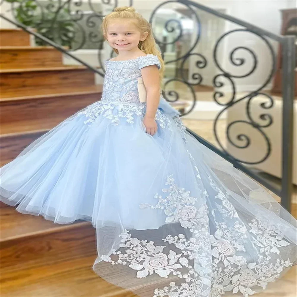 Vestidos de tul de encaje para niña, vestido de princesa de fiesta, apliques esponjosos, azul claro, vestidos de baile de primera comunión