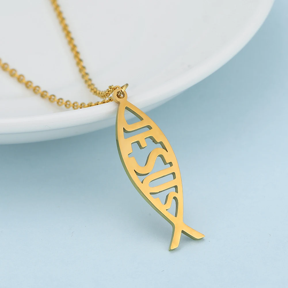 Amaxer Stainless Steel Necklace For Women Man Lover's Sharp Jesus Fish Shape Color Pendant Necklace Engagement Jewelry