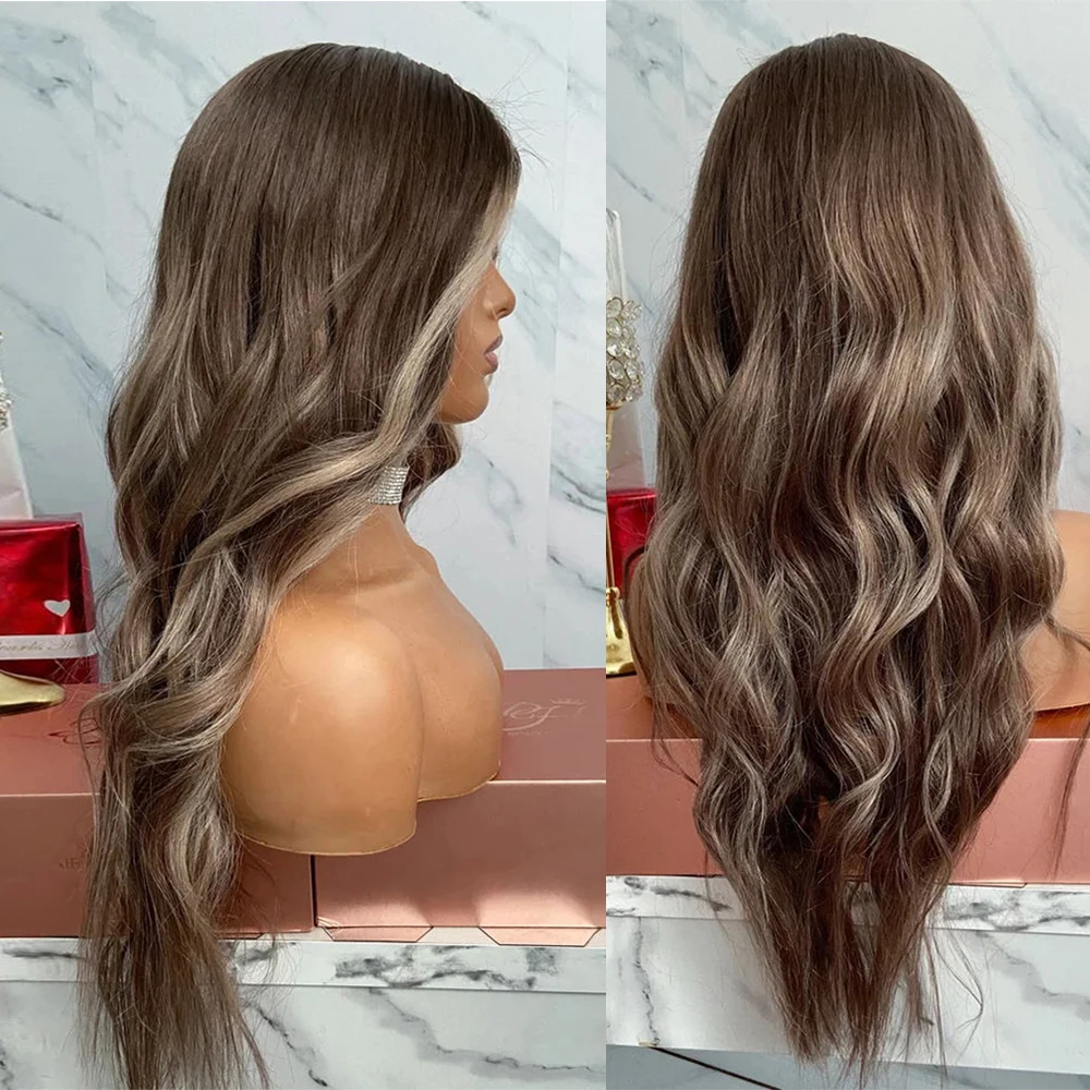 Wig Renda Penuh Pirang Abu Gelap HD Swiss 13X6 Rambut Remy Pra Pencabutan Wig Rambut Manusia Depan Renda Disorot Bergelombang untuk Wanita 180%