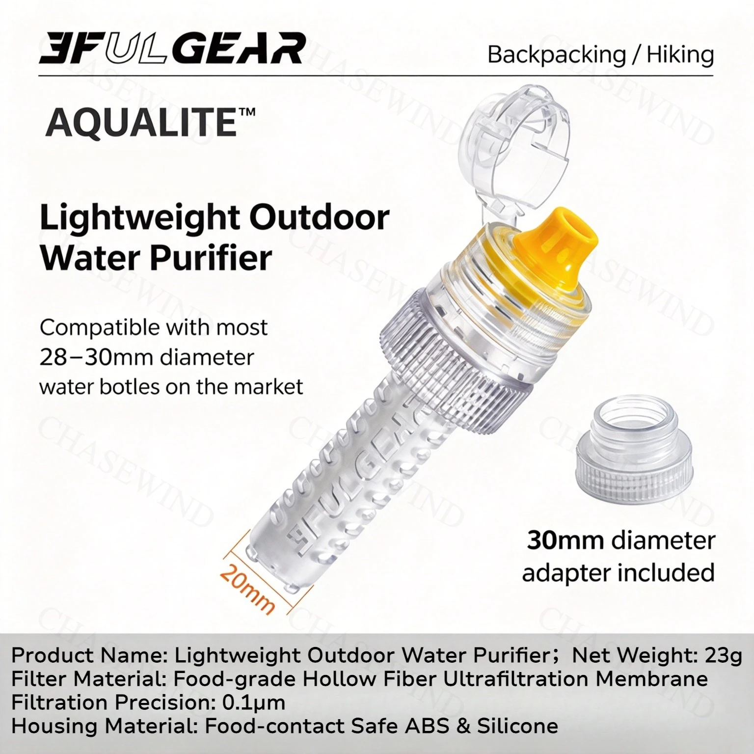 3F UL GEAR AQUALITE Lichtgewicht waterzuiveringsapparaat voor buitengebruik, capaciteit 1000L, 23g, draagbaar waterfilter voor kamperen, wandelen en backpacken