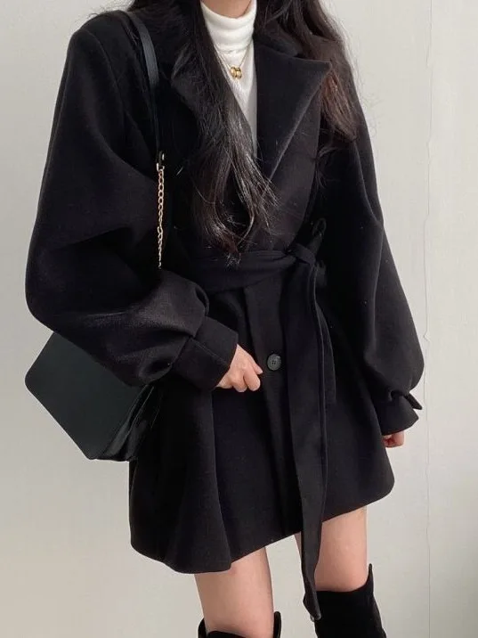 

Korean Faion Lapel Single Button Tie Belted Woolen Coat Women's Small Size Ele High-End Feeling Tweed Coat