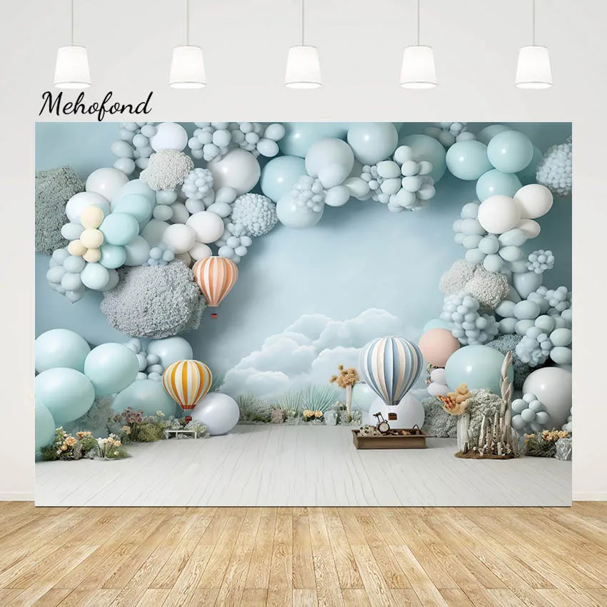 

Mehofond Photography Background Boy Hot Balloon Baby Birthday Party Blue Sky White Clouds Backdrop Cake Smash Decor Photo Studio