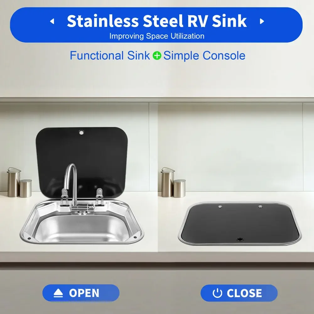 RV Kitchen Sink Caravan Camper Hand Wash Basin Sink +Lid+Faucet Stainless Steel