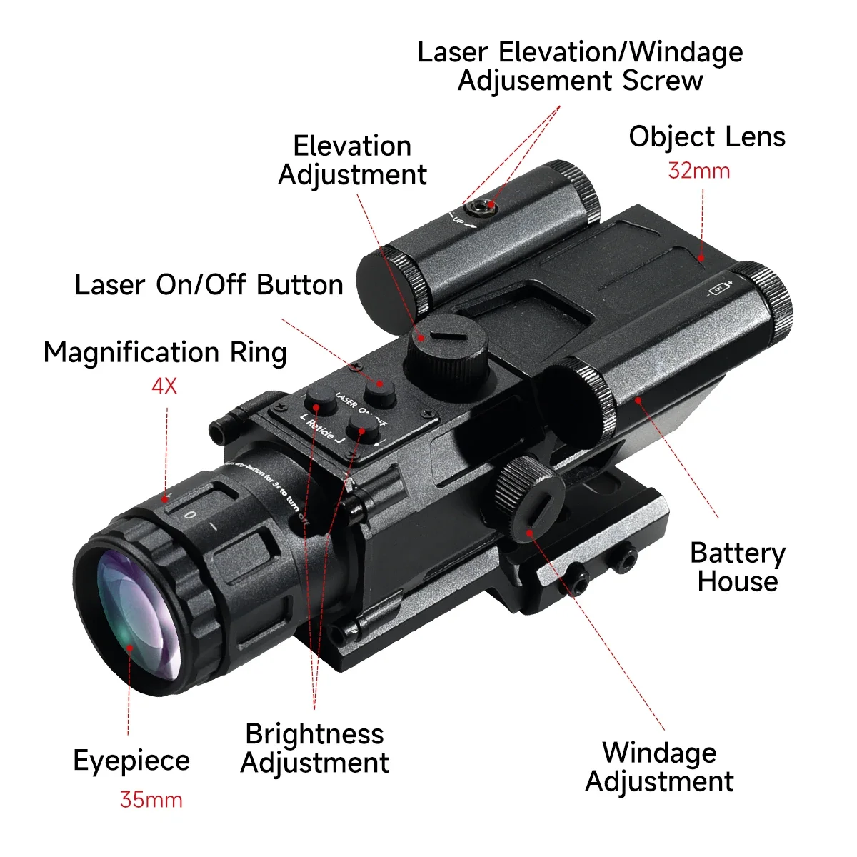 Lunette de visée à laser rouge, 4x32, optique, chasse, tir Airsoft, vue, arbalète, courte, montage sur rail 20mm