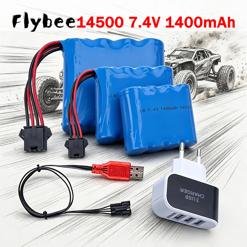 Brand New 1400mAh 7.4V 14500 Li-ion Battery SM-4P Plug 2S For DE36 DE36W DE65 1809 1:16 RC Off-Road Vehicle High-Speed Car Parts