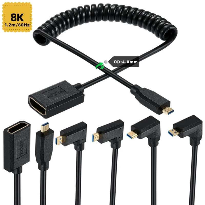 120cm 2.1V 90 Degree Angle Mini HDMI-compatible Male to HDMI-compatible female 8k@60hz Camera Telescopic Spring Connection Cable