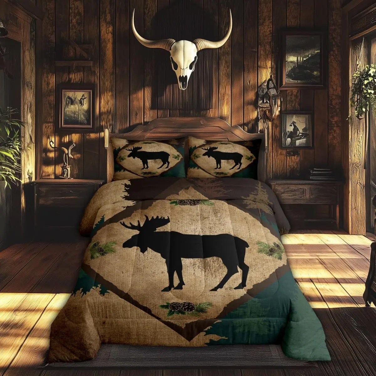 3Pcs Lodge Cabin Comforter Set King Size, Wild Deer Antlers Pine Trees Retro Grid Bedding with Pillowcases