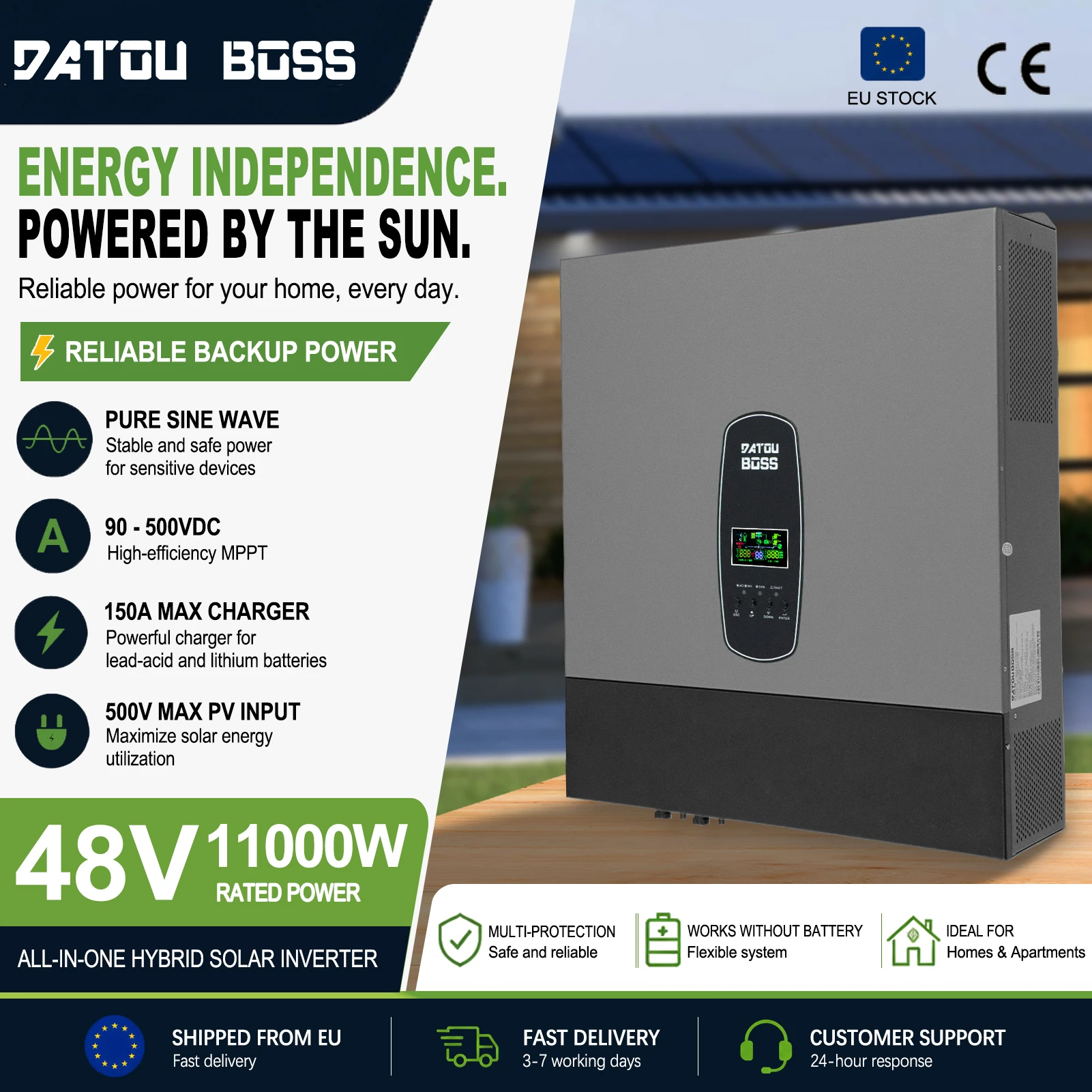 DATOUBOSS 48V11kW Solar-Hybrid-Wechselrichter Dual MPPT 150A Hochleistungs-Off-Grid-Backup-Lösung EU-Lager Schnelle Lieferung