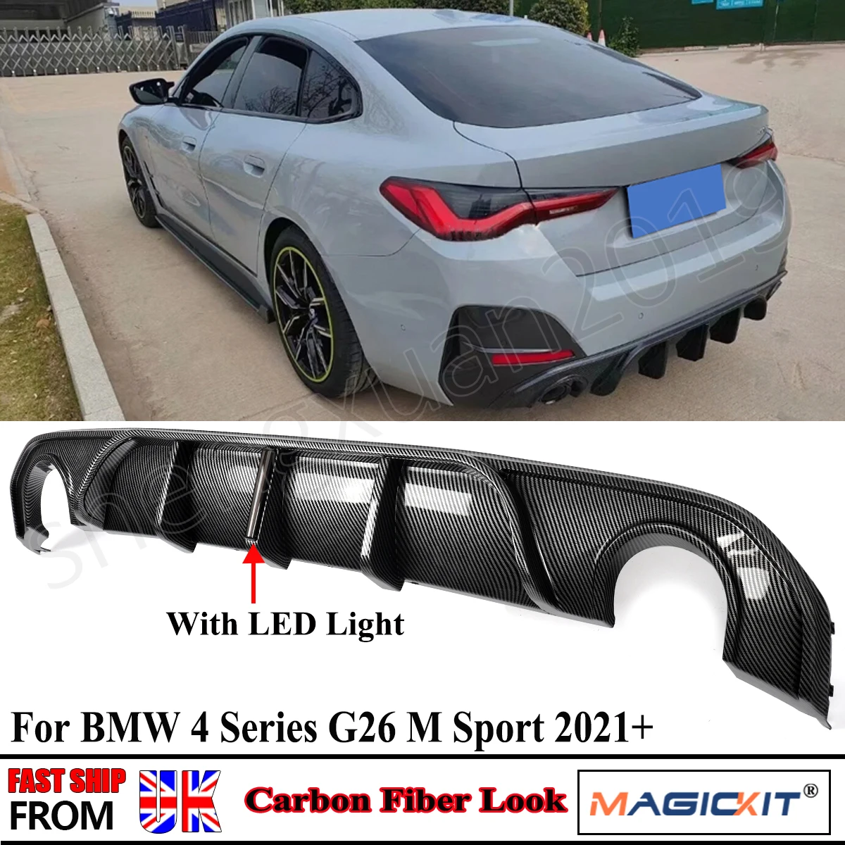 For 2021+ BMW 430i 420i G26 M Sport F1 Style Rear Diffuser W/ LED Carbon Look US