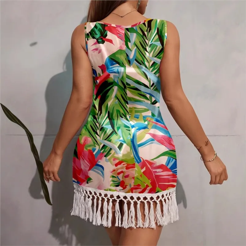 Summer Dress Women's New Boho Style Sunscreen Mesh Blouse Sleeveless Print Tassel Spliced ​​beach Skirt Casual Dresses For Women
