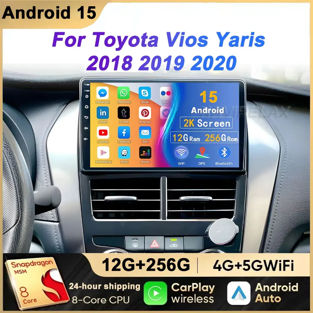 أندرويد 15 Carplay راديو السيارة التلقائي لتويوتا فيوس يارس 2018 2019 2020 الملاحة لتحديد المواقع مشغل وسائط متعددة فيديو ستيريو واي فاي + 4G BT
