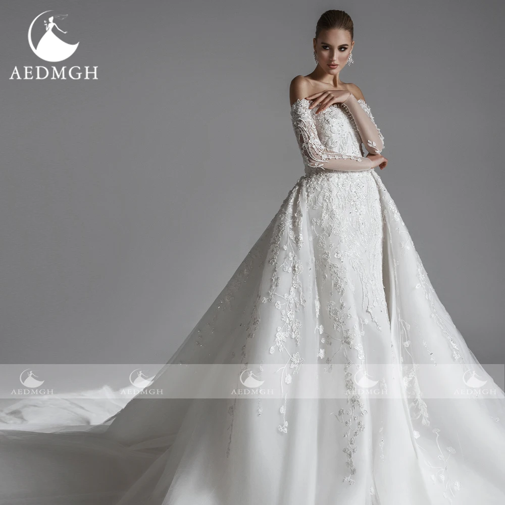 Aedmgh Mermaid Elegant Wedding Dresses 2024 Boat Neck Long Sleeve Vestido De Novia Appliques Detachable Train Robe De Mariee