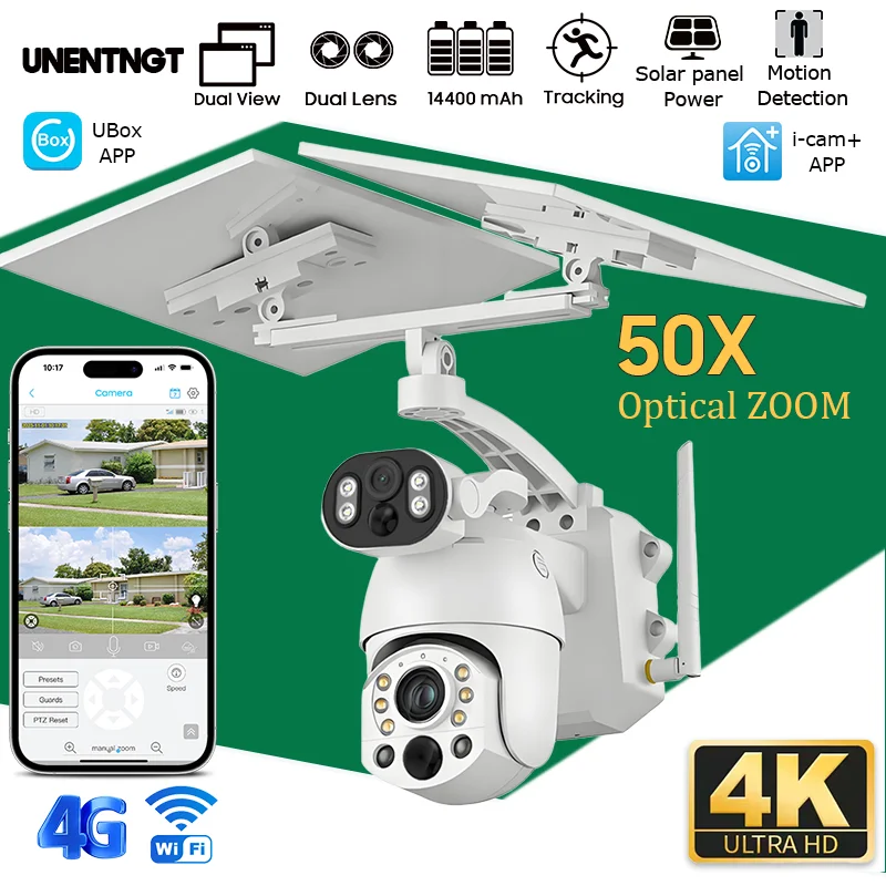 

UNENTNGT 4g SIM HD Security Solar Camera 50X Optical Zoom Wireless Outdoor Two-way Intercom WiFi Surveillance Camera Dual Lens