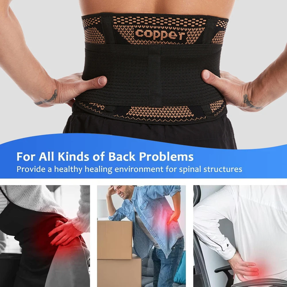 Copper Back Brace for Lower Back Pain Relief, Back Support Belt Men Women with Adjustable Black Lumbar Support Belt for Sciatica