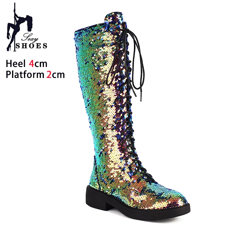 Sequined Women\'s Boots 2024 New Punk Girls High Help Shoes Glitter Chunky Heeled Booties Lace Zipper Knee High Boots Size 34-43