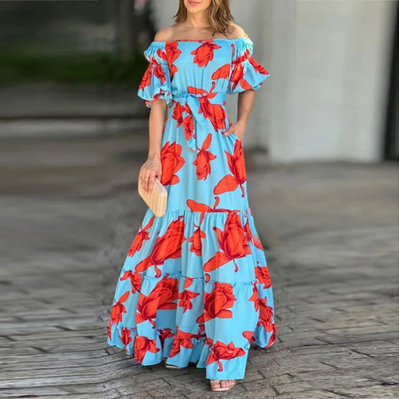 

Women Dresses Puff Sleeve Slash Neck Printing Dress Loose Fit Casual Ankle Length Pullover Sashes Spliced High Waist 2024