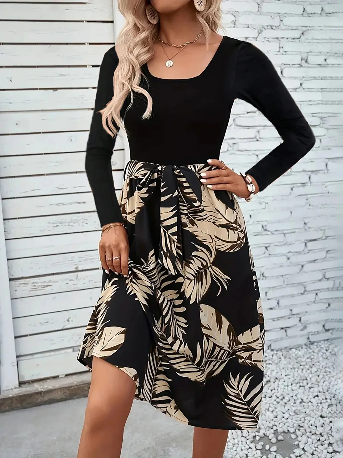 

Women's Autumn Dress Long Sleeve Leaf Print Belted Color Block Casual Midi Long Dresses For Fall 2025