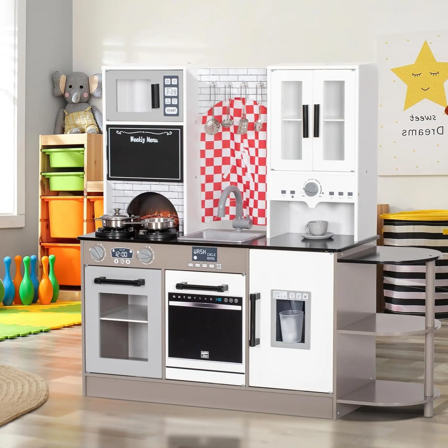 Kids Kitchen Playset, Wooden Toddler Kitchen Set w/Curtains, Coffee Maker, Storage Shelf, Stove,Sink, Utensils, Light & Sound, K