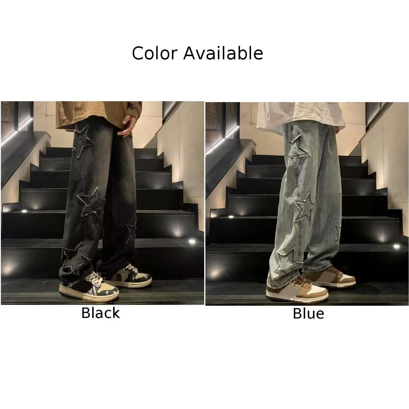 Y2K Vintage Mens Streetwear Oversize Star Aesthetic Straight Trousers Wide Leg Jeans Casual Loose Wear