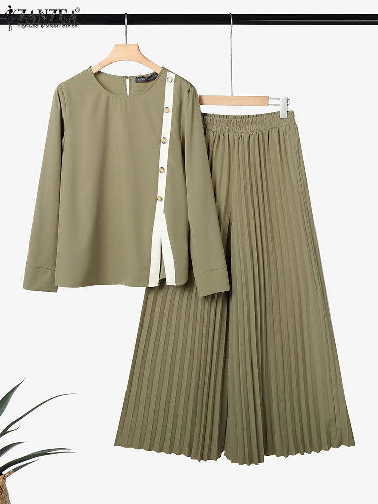 ZANZEA Muslim Hijabis 2 Pieces Pant Sets Women's Contrast-Color Long Sleeve Blouses and Pleated Wide Leg Pants Islamic Outfits