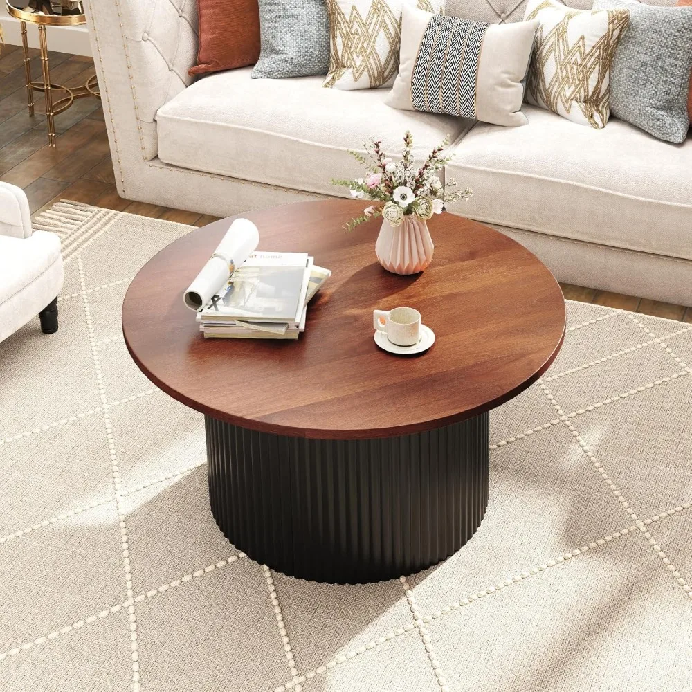 Round Coffee Table, 32 Wooden Accent Cocktail Tea Table with Solid Wood Veneered & Fluted Design, Mid Century Modern Cen