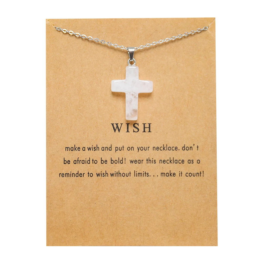 New Trendy Fashion Alloy Silver Color Wish Card Glass Natural Stone Cross Pendent Necklace for Women Girl Gift Birthday Jewelry