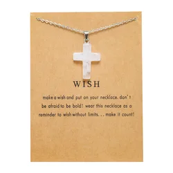 New Trendy Fashion Alloy Silver Color Wish Card Glass Natural Stone Cross Pendent Necklace for Women Girl Gift Birthday Jewelry