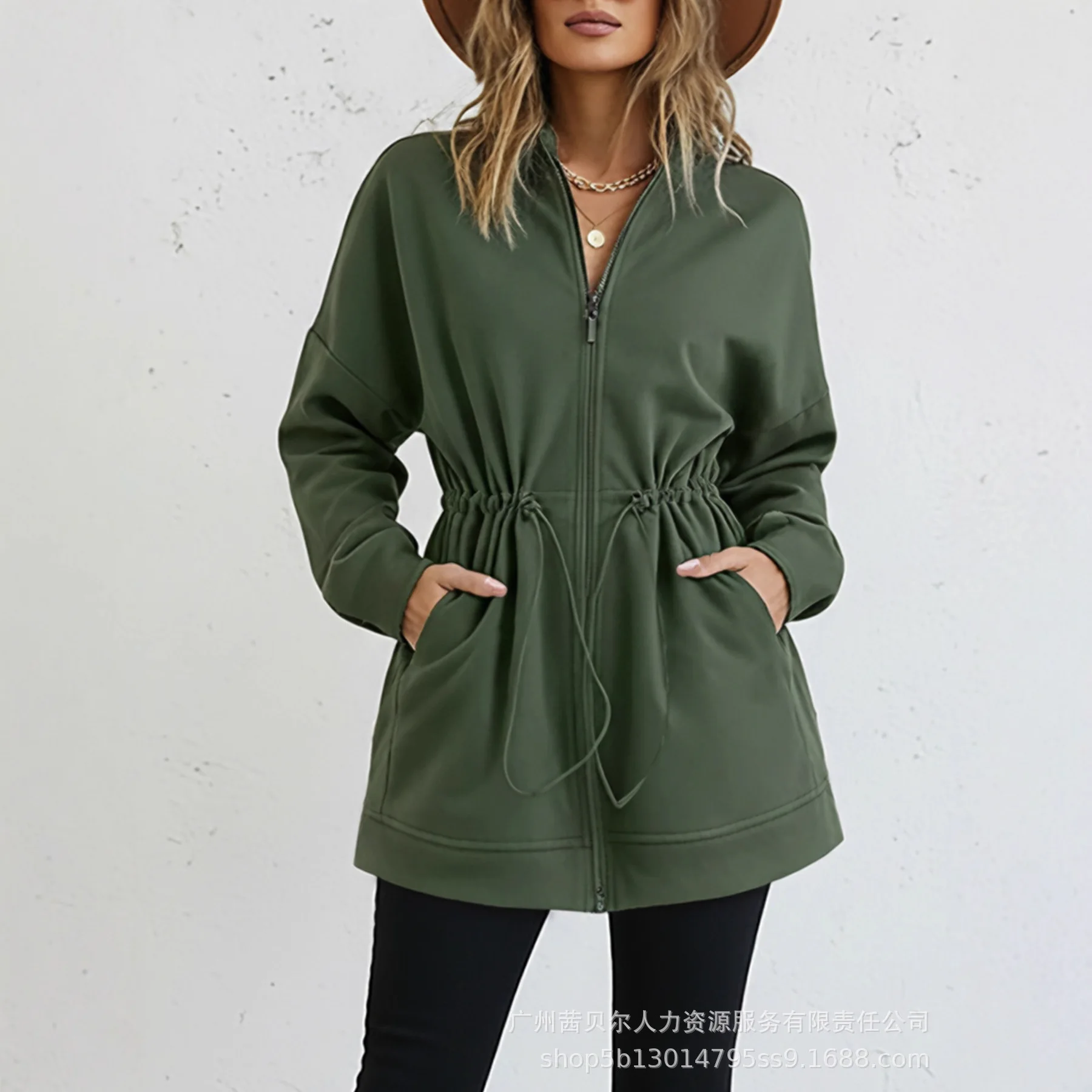 

Women's Clothing Army Green Casual Waist Drawstring Cardigan Hoodie