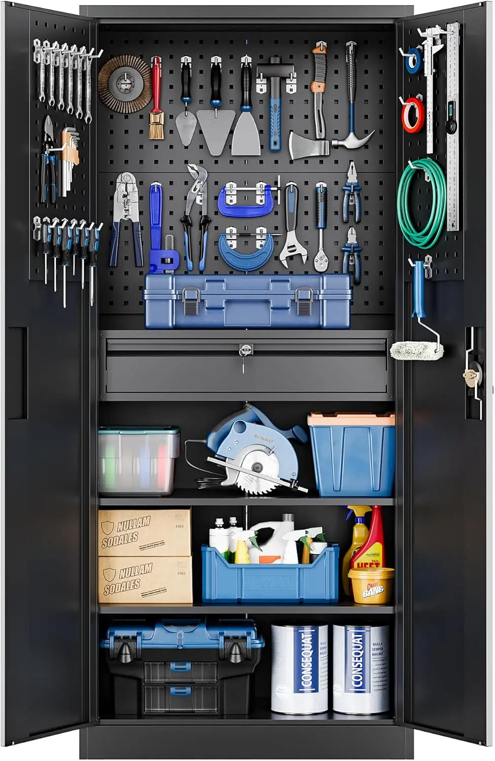 Metal Garage Storage Cabinet with Locking Doors and Drawers, Heavy Duty Steel Tool Cabinet with Pegboard, 71