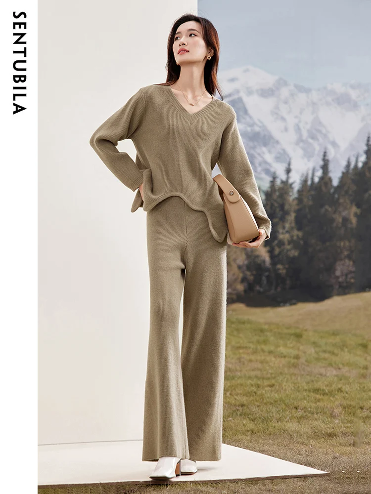 SENTUBILA Knitted Sweater Pant Sets Women 2024 Autumn Winter Outfits Wide Leg Trousers V-Neck Sweater Two Piece Sets W34Z52266