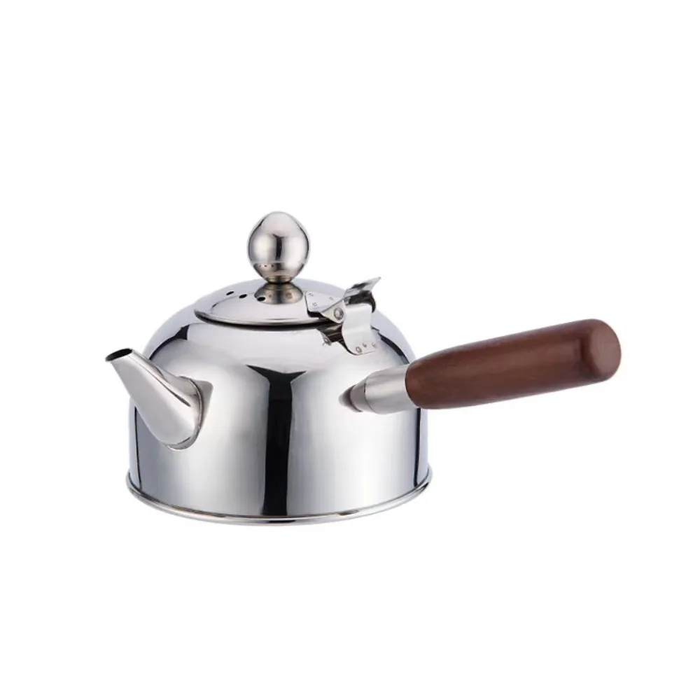 Portable 304 Stainless Steel Tea Kettle Flat Bottom Chinese Boiling Water Kettle Retro Side Wooden Handle Teapot Coffee