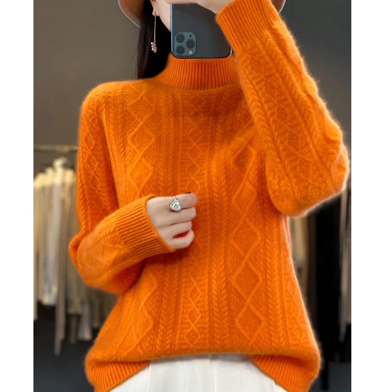 Merino Thickened Wool Sweater Half High Collar Twisted Flower Knitted Pullover Women\'s Wool Knitted Solid Color Top Winter