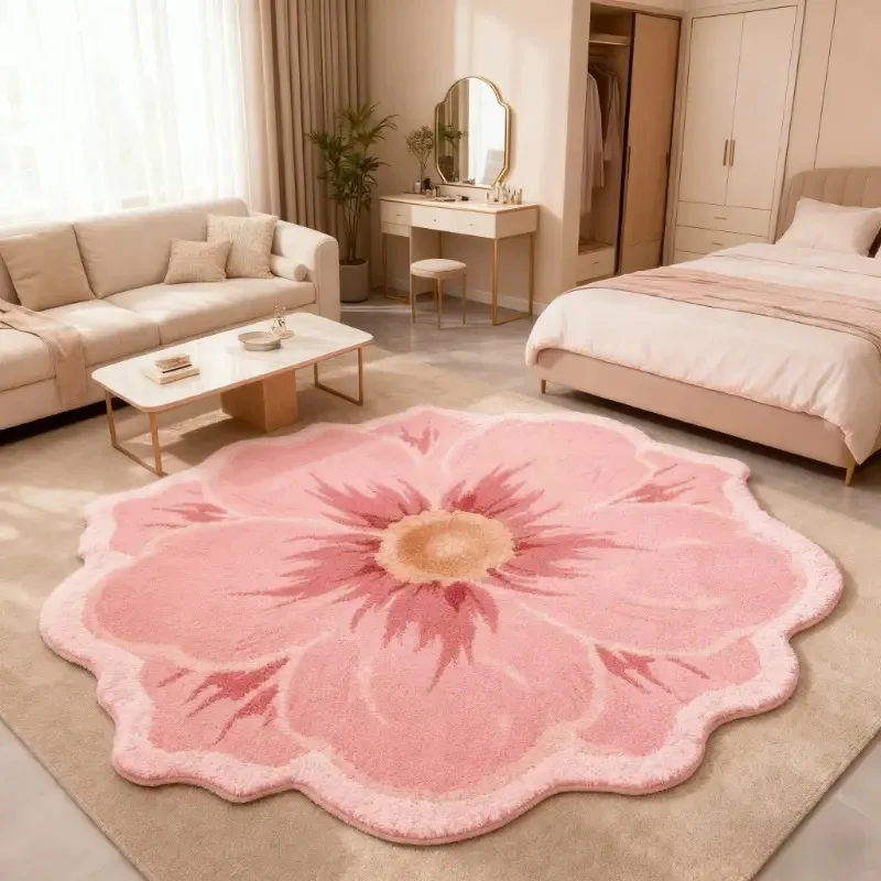 VIKAMA Pink Camellia Plush Carpet Soft Sofa Living Room Bedside Home Decorative Rug Fluffy Carpet for Living Space Decoration
