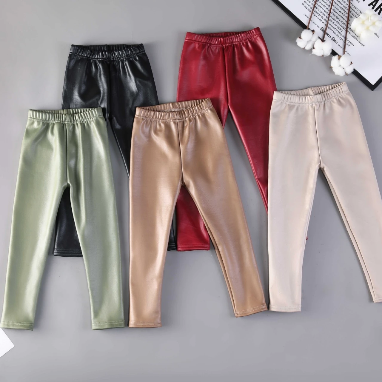 Winter Autumn Faux Leather Thicked Kids Pants Candy Color Slim Warm Children\'s Girl Leggings