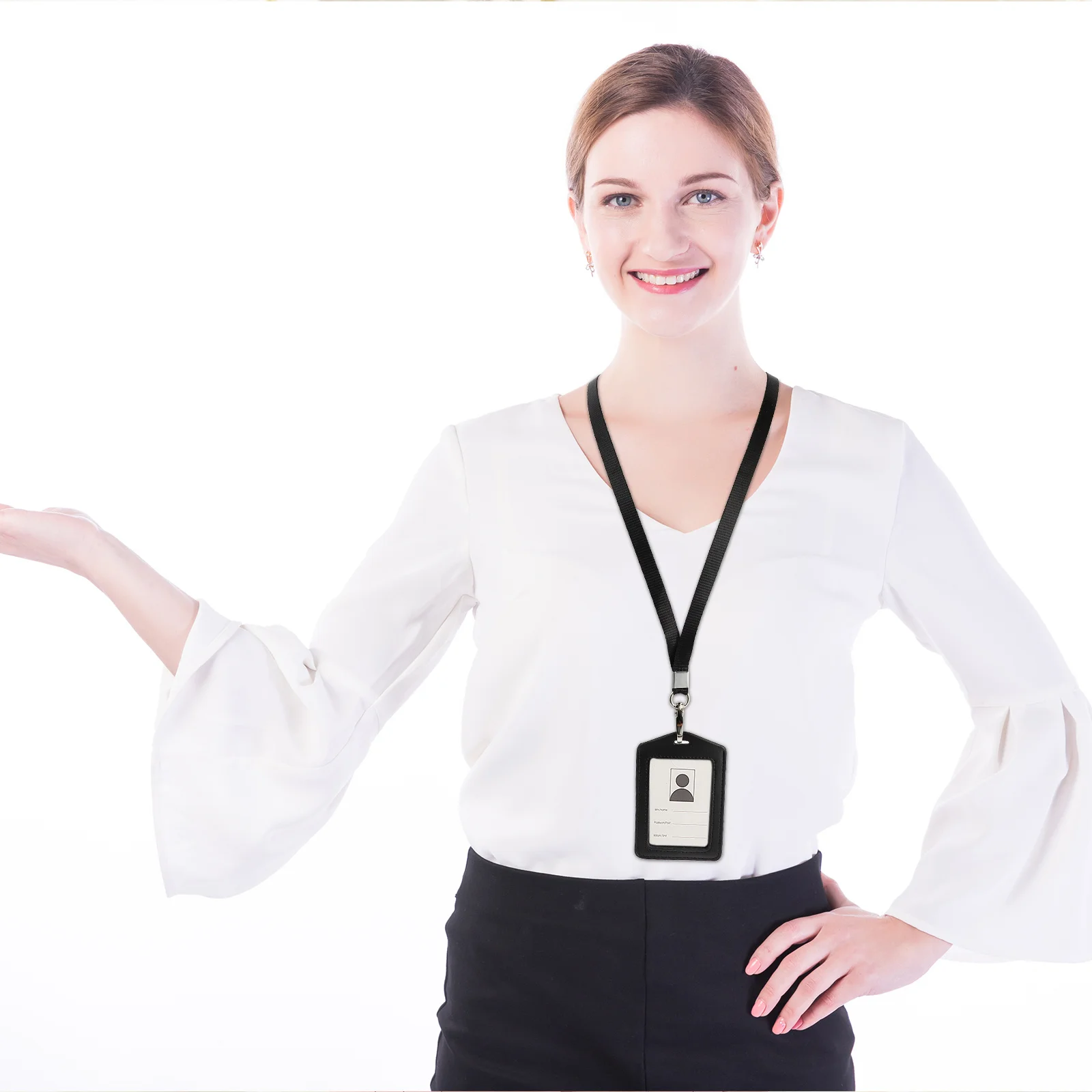 

1pc Id Holder Black Pu Material Lightweight Name Badge Pouch For Employee Bus Card Pass Pouch Holder With Lanyard