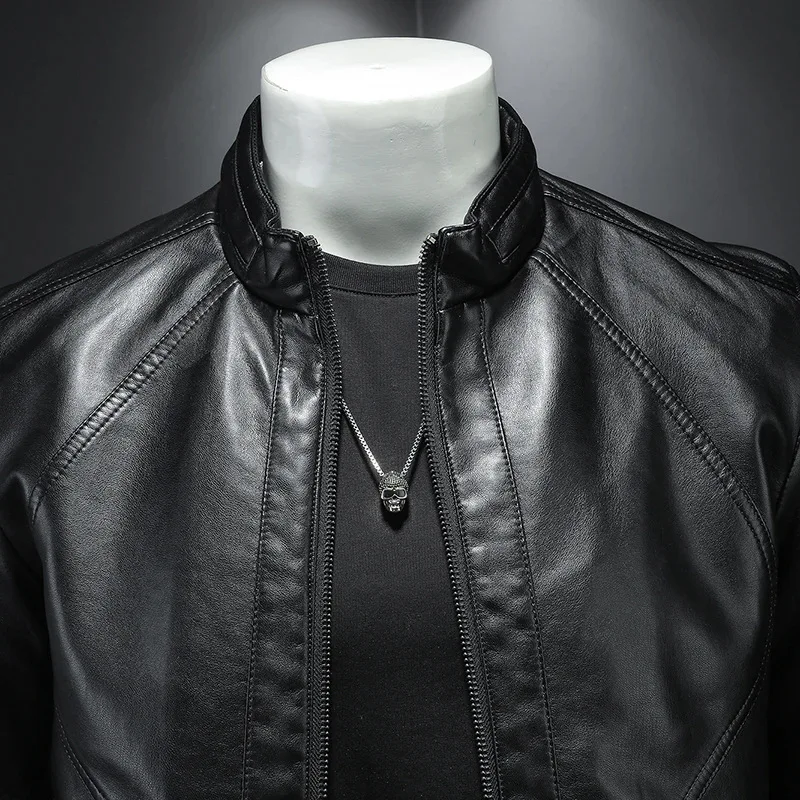 Winter Men's Thickened Youth Casual Standing Collar Black Leather Jacket