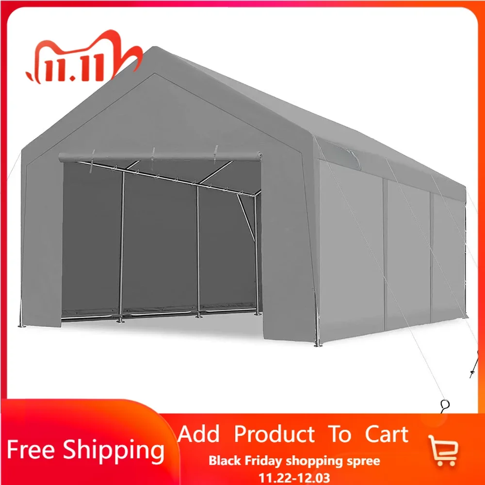 12x20 ft Heavy Duty Carports, Portable Car Canopy, Garage Tent, Boat Shelter with Reinforced Triangular Beams Grey