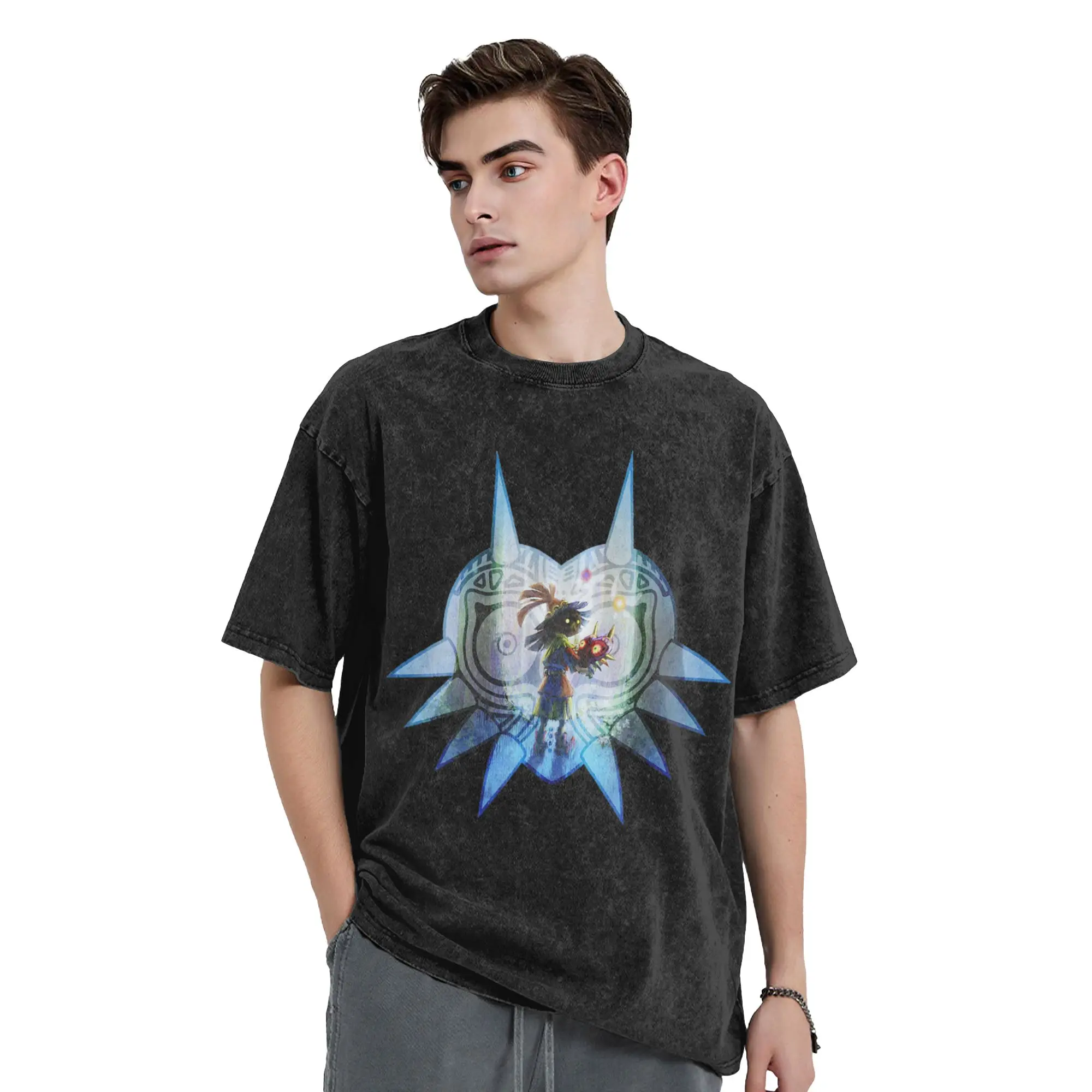 Zeldas Legend Link Washed T Shirt Streetwear Retro T-Shirt Game Anime Tee Shirt for Men Women Short Sleeve Street Graphic