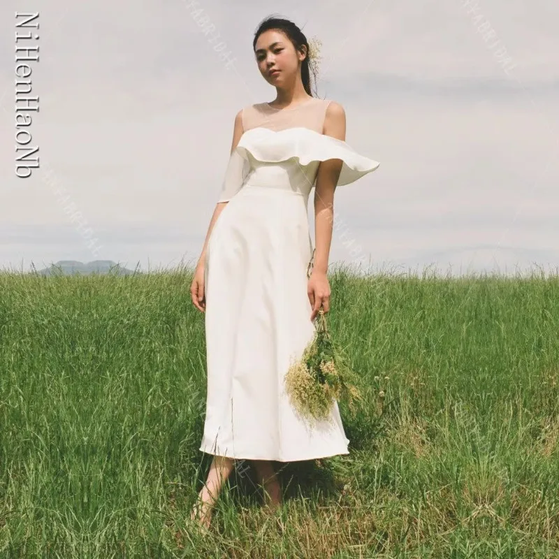 ウェディングドレス韓国写真撮影半袖ブライダルドレスコルセットバックカスタマイズ