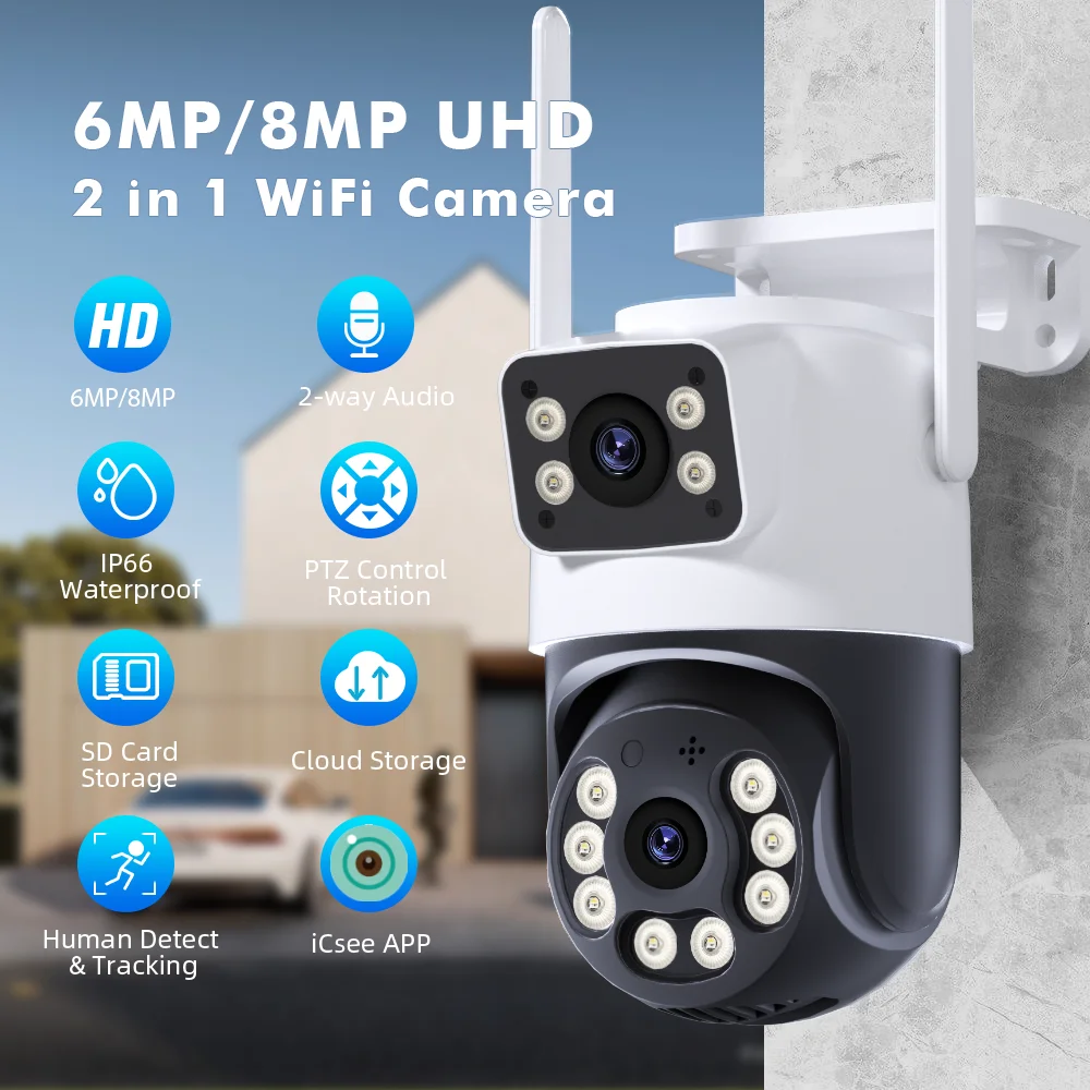 4k 8mp hd câmera externa wifi ptz lente dupla câmera ip ao ar livre 4mp rastreamento automático proteção de segurança cctv vigilância icsee p2p