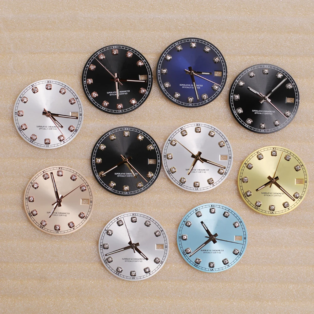 

28.5mm Diamond-set Dial Artificial Glass Scale Watch Face Sun Texture Modification Dial Gold-rimmed Dial for NH35 NH36 Movement