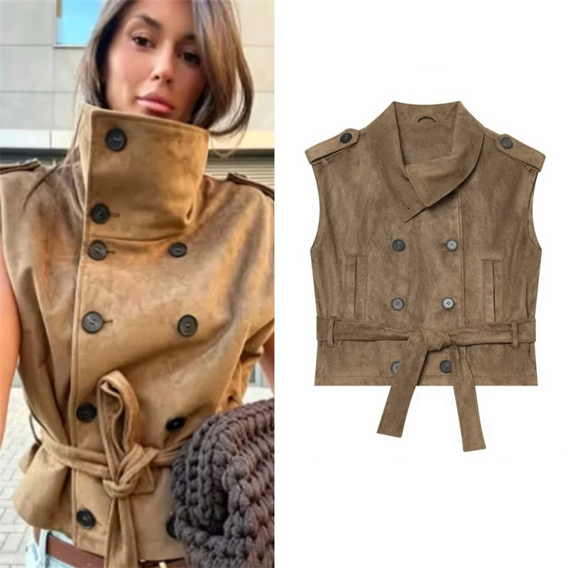 Guobioziy Women's Top 2026 Spring and Autumn New European and American Style Vest with Belt and Suede Effect