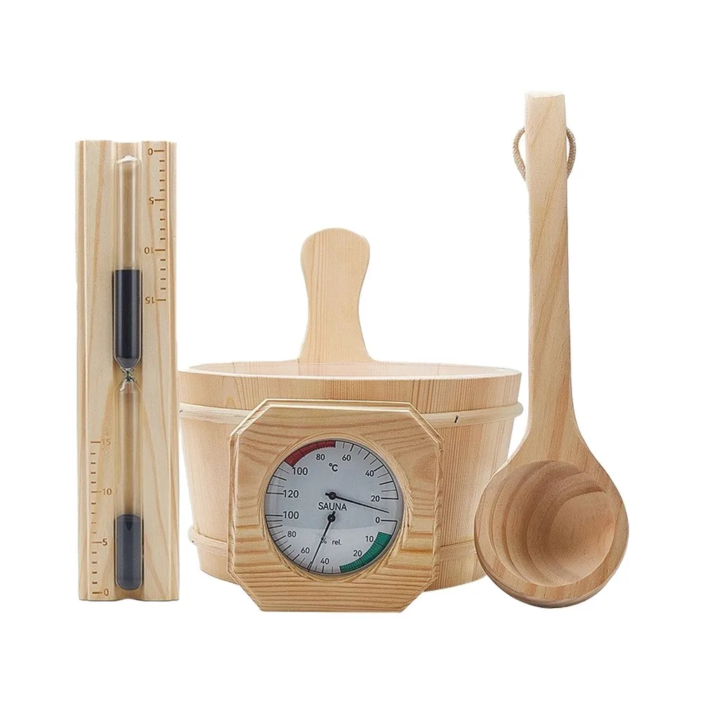 Sauna Accessory Set Made of Solid Pine Wood Featuring 4L Bucket Spoon Thermometer Hygrometer and Hourglass Timer for Daily Use
