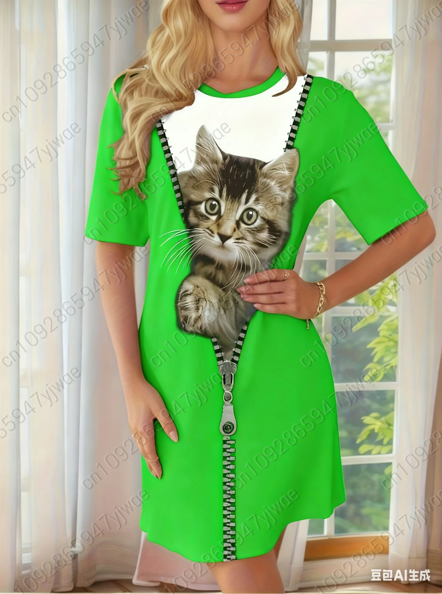 2025年夏 レディースTシャツ 可愛い3D猫プリント スリープドレス Oネック レディース半袖プルオーバーワンピース 女性服