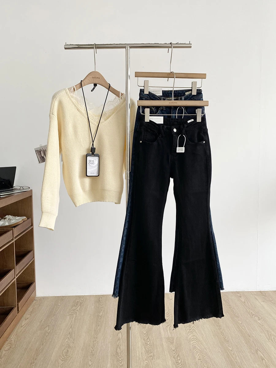 High Waist Slim Fit Micro Flare Jeans Women's Long Pants Autumn New Style Korean Version Commute Style Button Closure