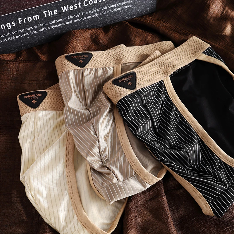 3-Pack Men's Briefs Youth Sports Trunks Breathable Ice Silk Striped Underwear Stylish Men's Underpants