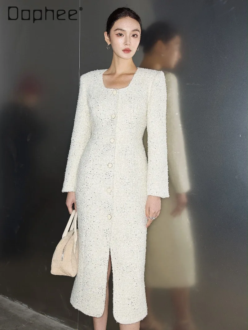 

French Retro High-End Fashion Socialite Tweed Dress Commuting Style Trendy Square Neck Single-Breasted Long Sleeve A-Line Dress