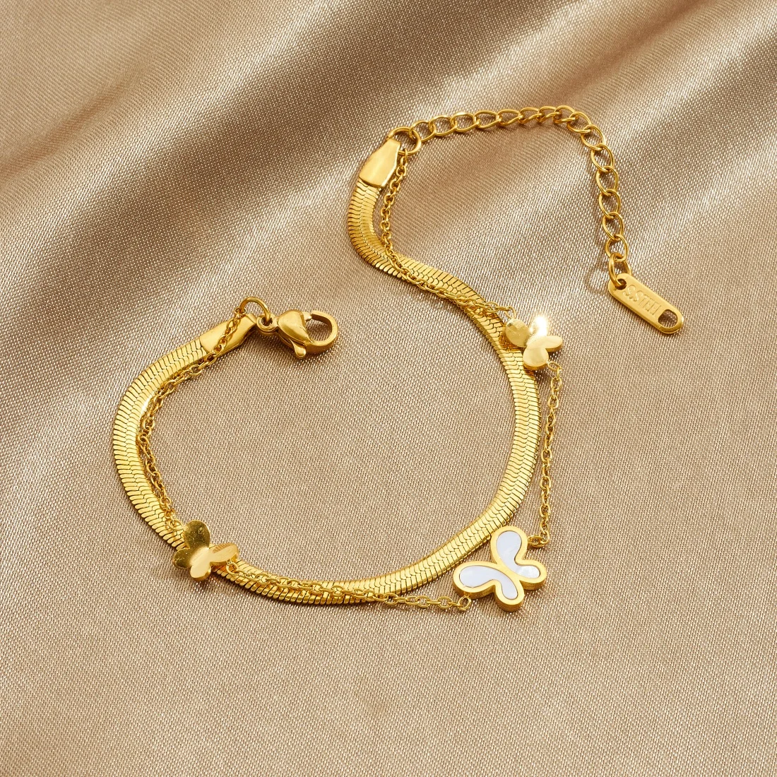 316L Edelstahl Weiße Muschel-Einlage Niedliche Schmetterling-Serie 2-Schicht-Armband Damen Neuer Trend Wasserdichter Schmuck Geschenke