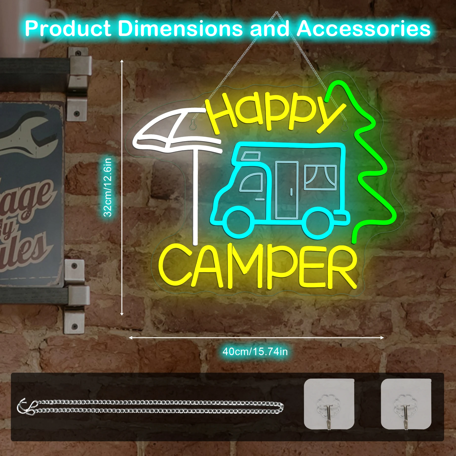 Happy Camper Neon Sign Dimmable Camping Light Up Sign for Touring Car Gifts Campsite Decorations Inside Camper Backdrop