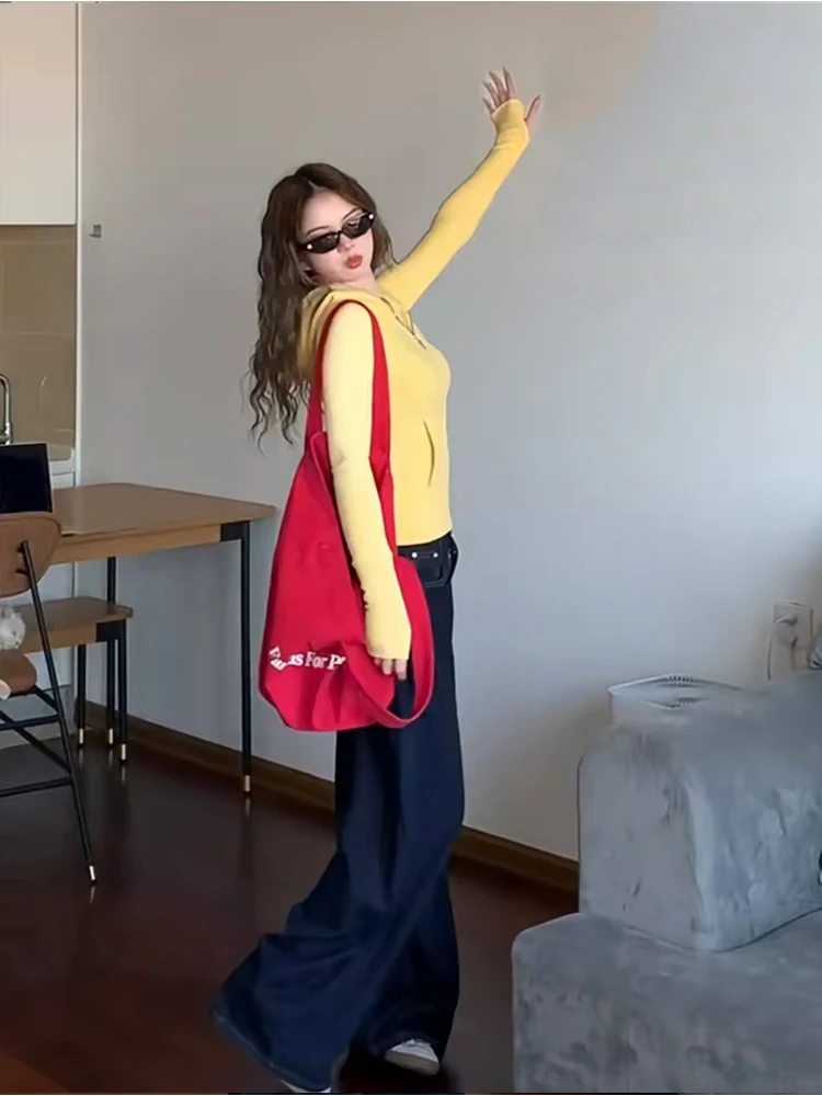 High Waist Wide Leg Blue Jeans Women's Autumn Winter Loose Slimming Floor Length Straight Cut Denim Pants Retro Sle